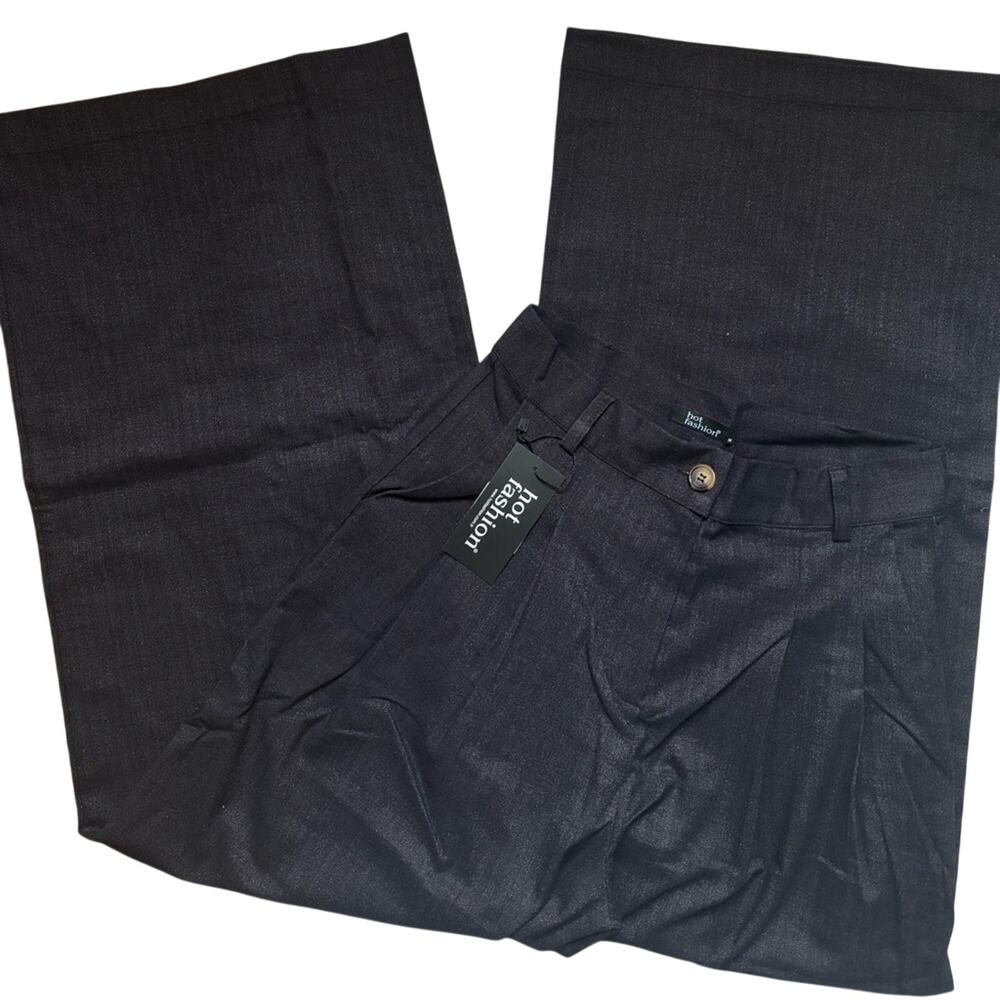 Women’s Wide Leg Pleated Pants Dark Gray Navy High Waist Trousers Large - Picture 6 of 10